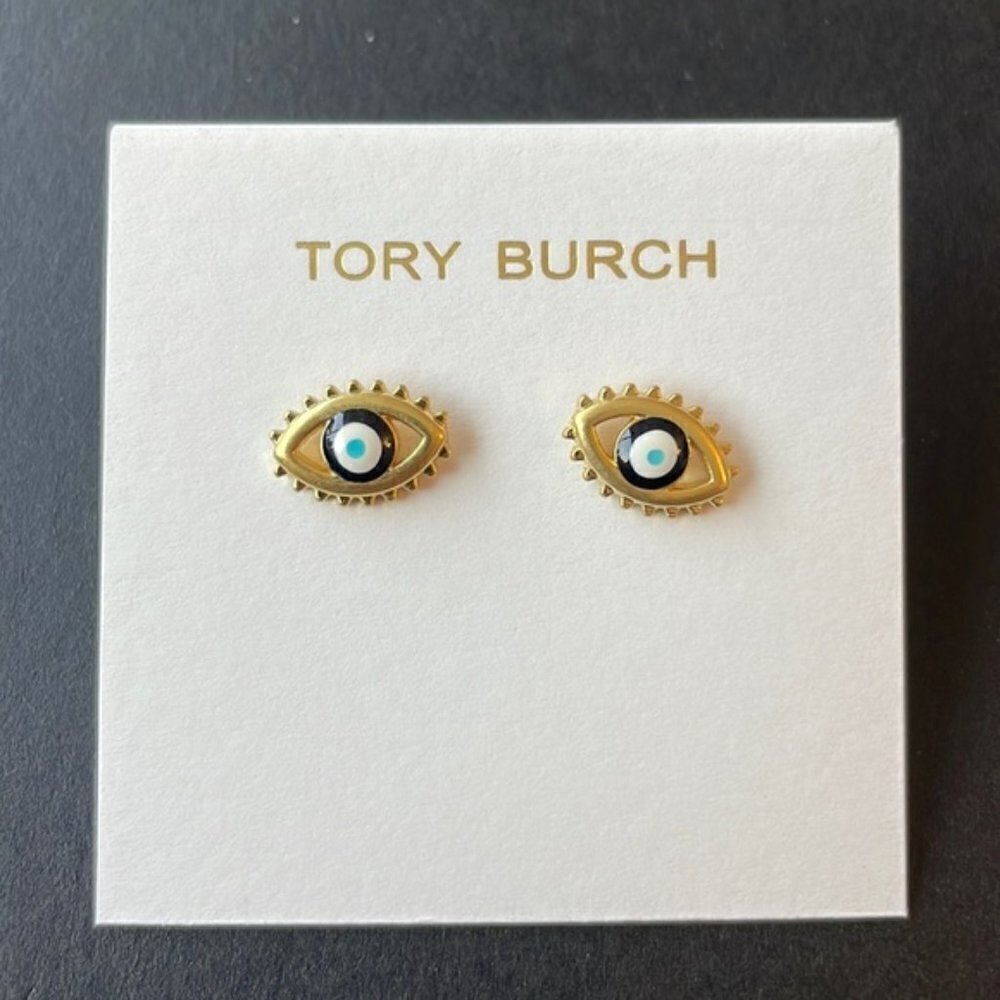 Tory Burch Gold Tone Evil Eye Stud Earrings On Original Card